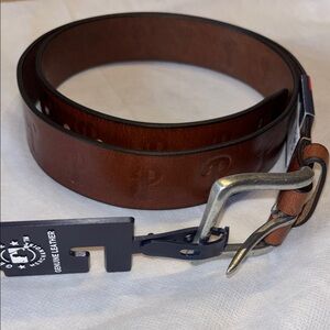 MLB Phillies Baseball Brown Genuine Leather Belt Silver Buckle Size 42 44 XL New